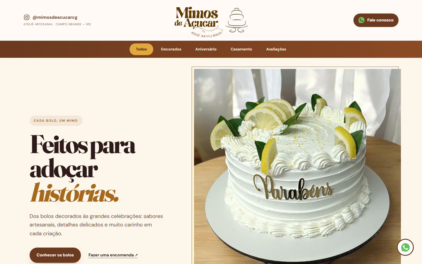 Tela inicial do site Mimos de Açúcar